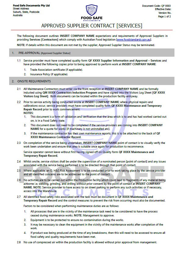 Approved Supplier Contract - Services