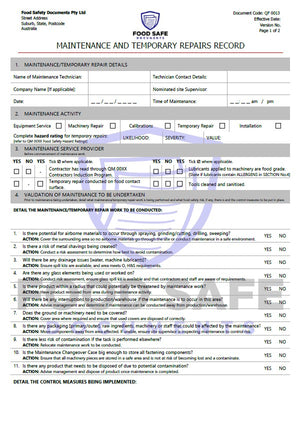 Maintenance & Temporary Repairs Record