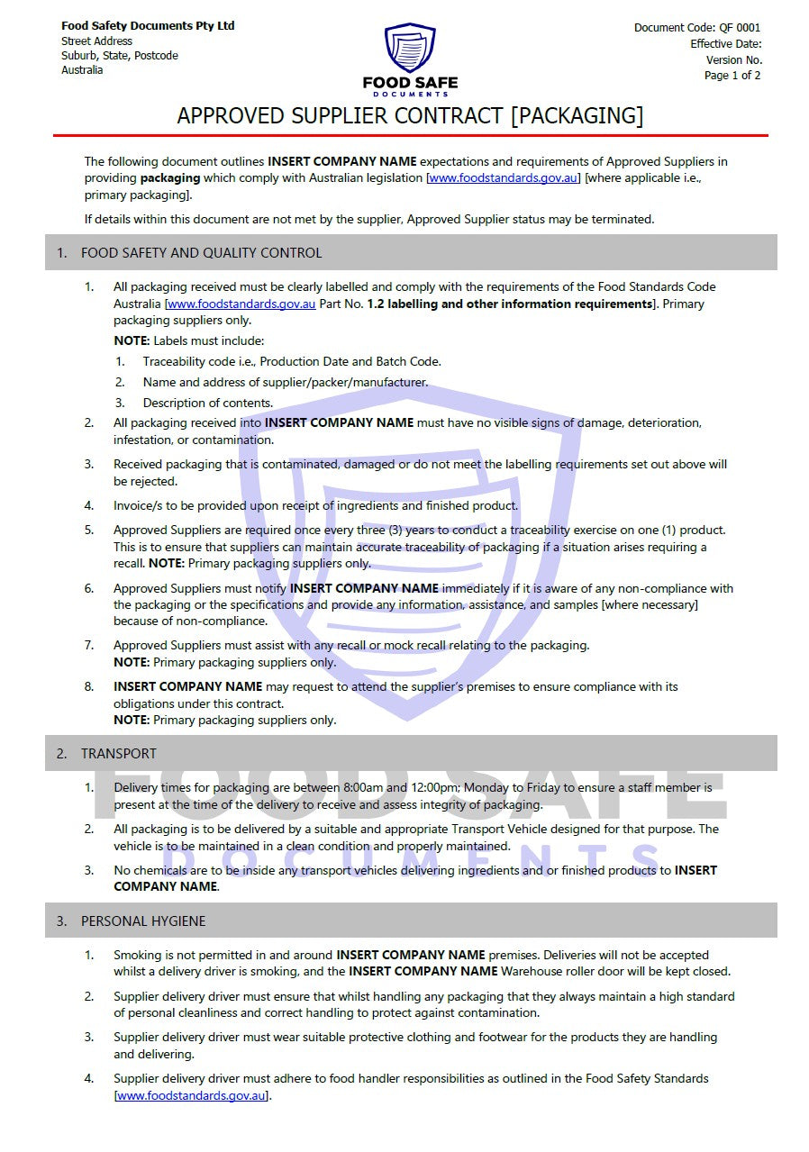 Approved Supplier Contract - Packaging