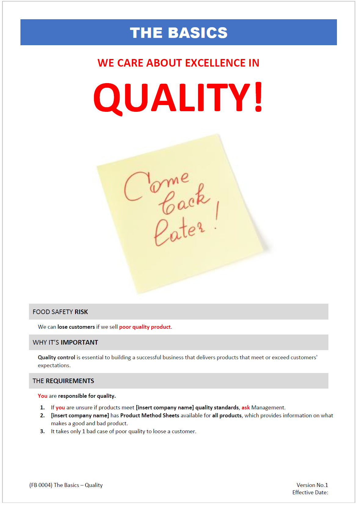 THE BASICS - Quality - Food Safe Documents