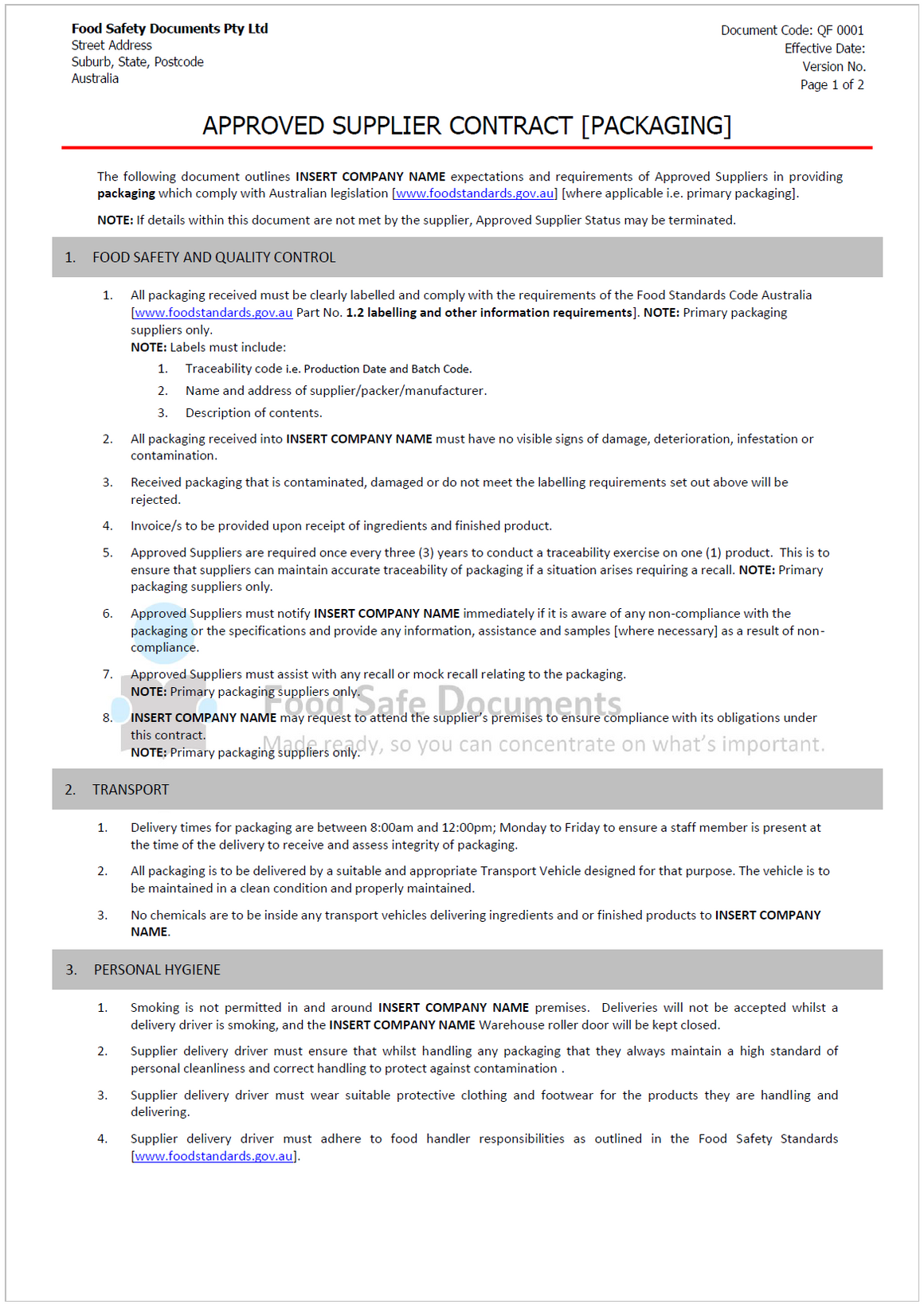 Approved Supplier Contract - Packaging