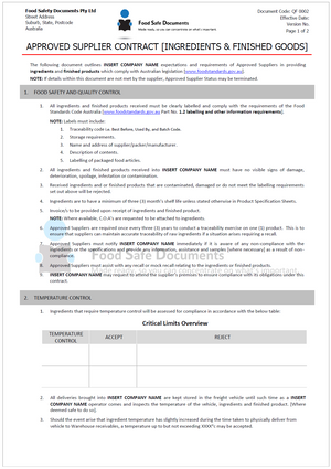 Approved Supplier Contract - Ingredients