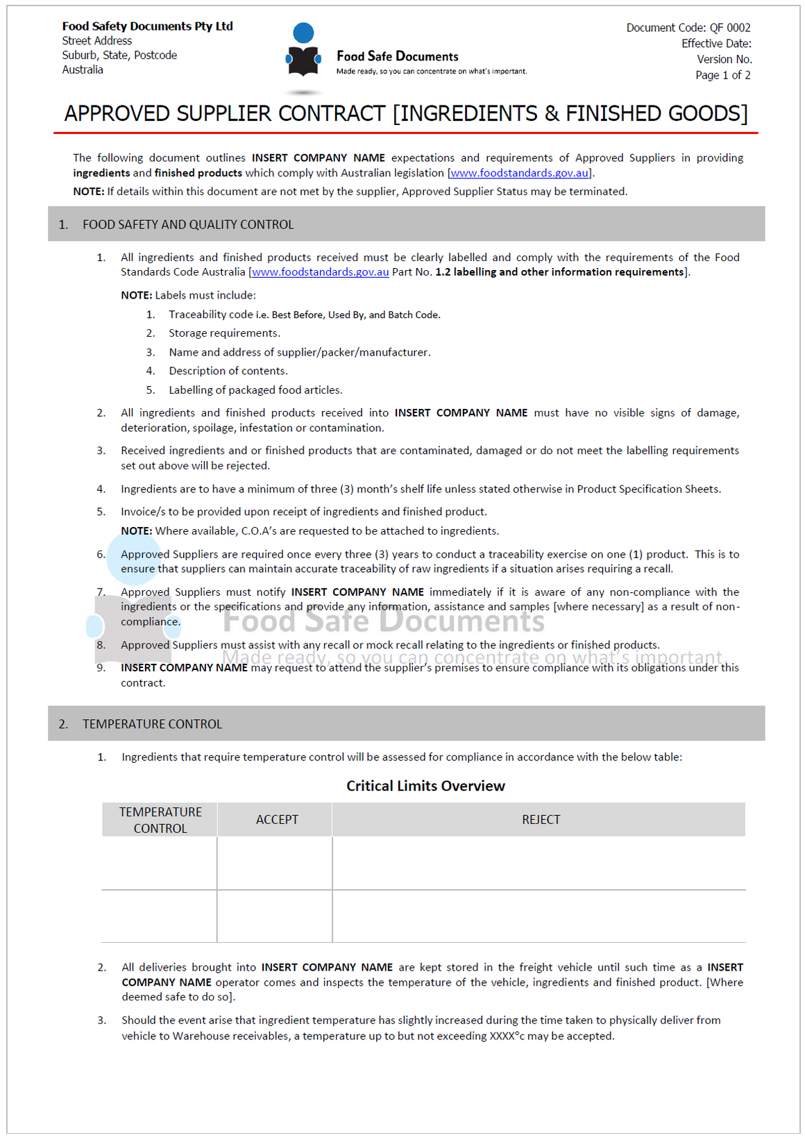 Approved Supplier Contract - Ingredients