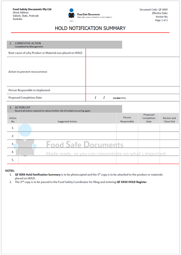 Sample Hold Report.pdf HOLD Notification Summary - Food Safe Documents