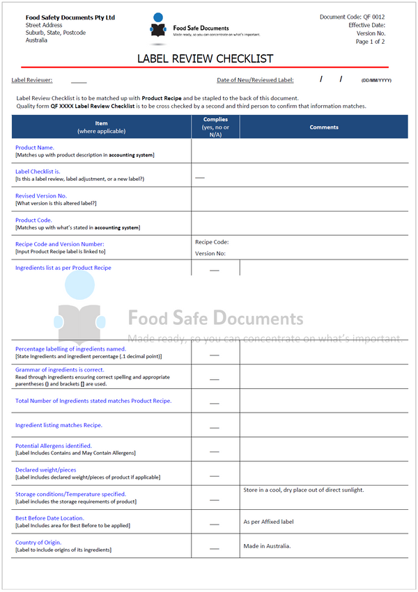 Label Review Checklist - Food Safe Documents