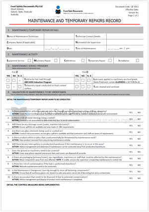 Maintenance & Temporary Repairs Record