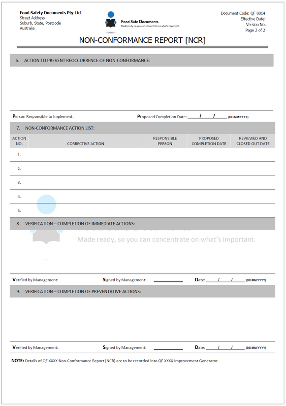 Non Conformance Report - Food Safe Documents