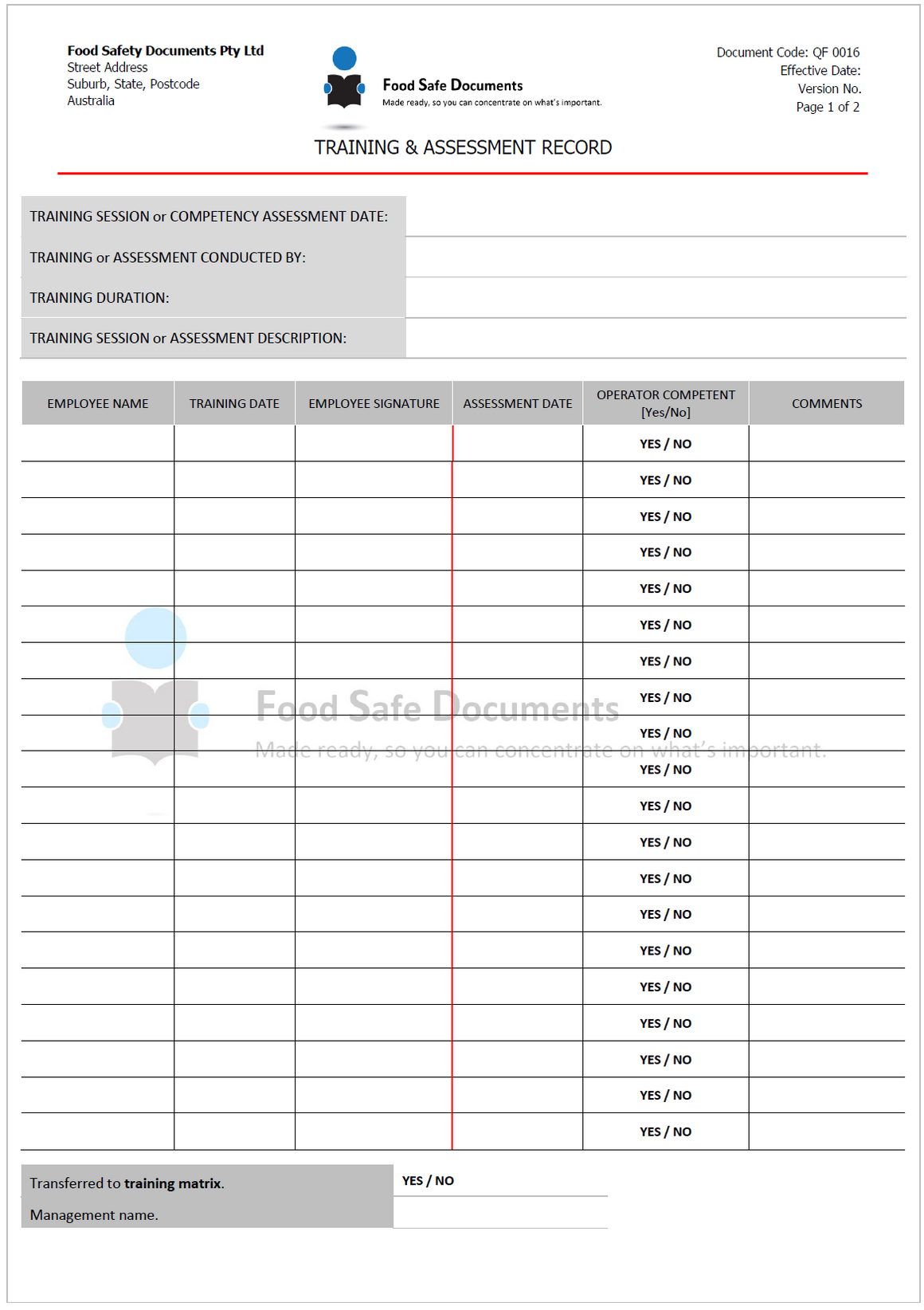 Training and Assessment Record