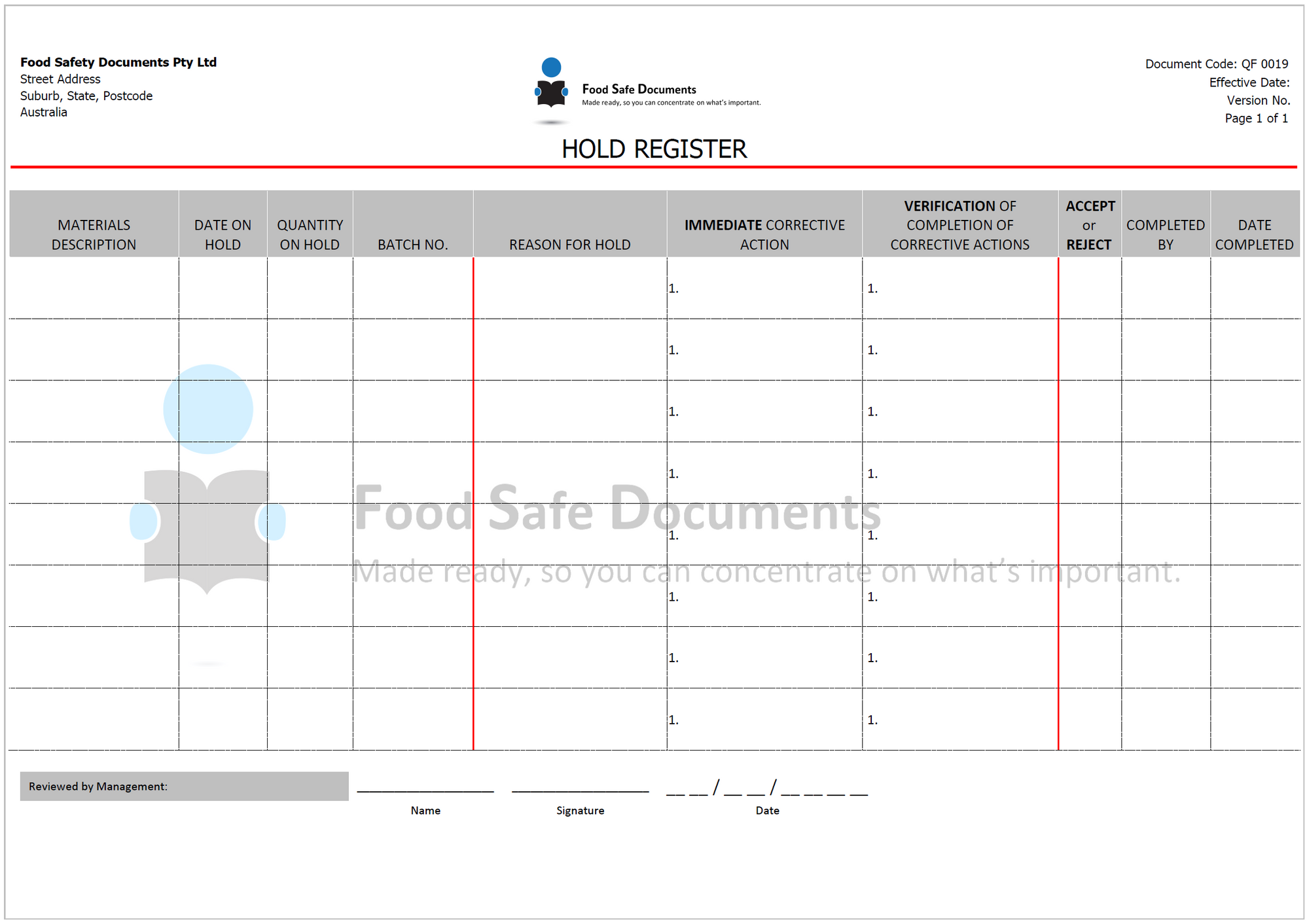HOLD Register - Food Safe Documents