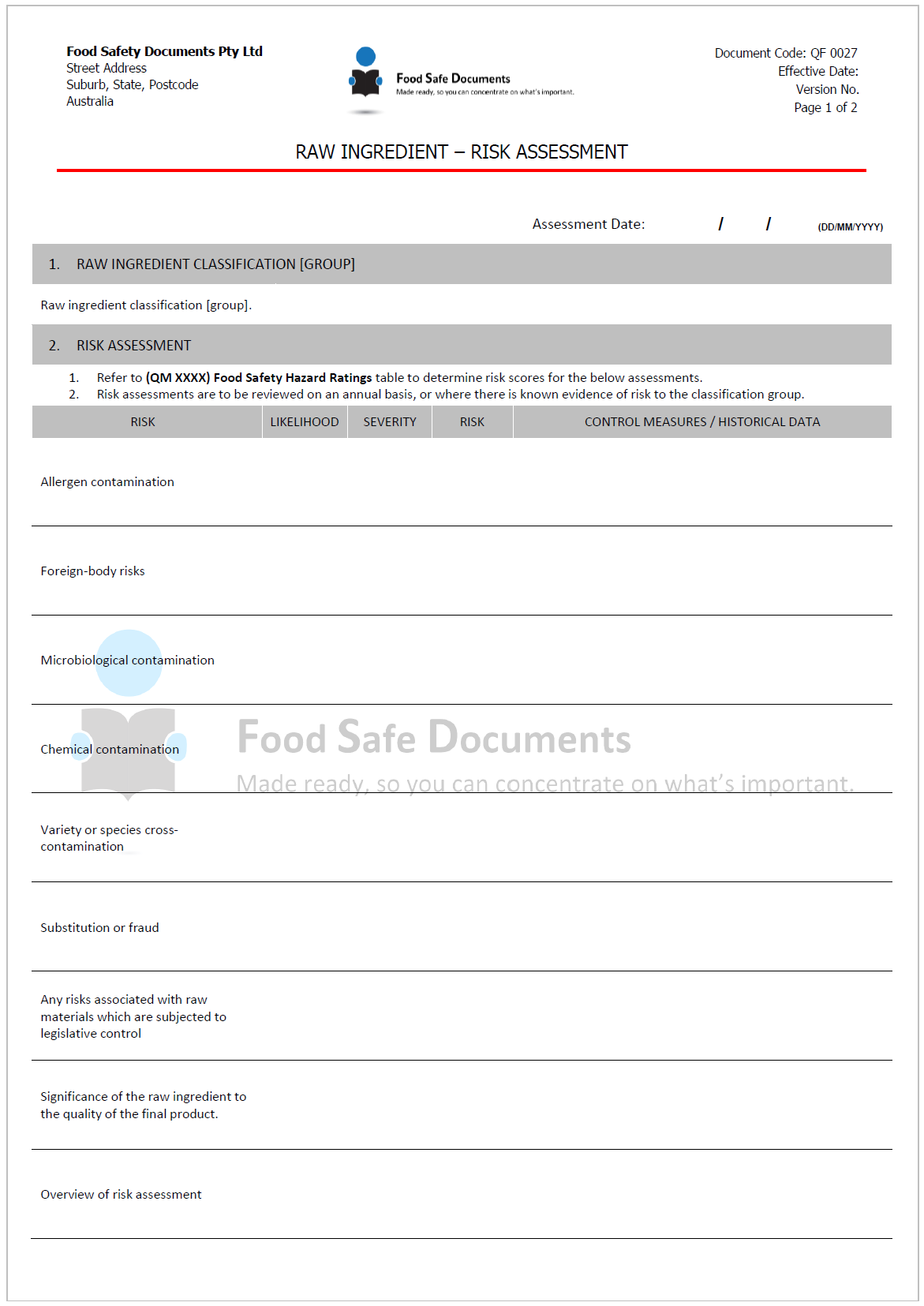 Ingredient Risk Management Raw Ingredient - Risk Assessment - Food Safe Documents