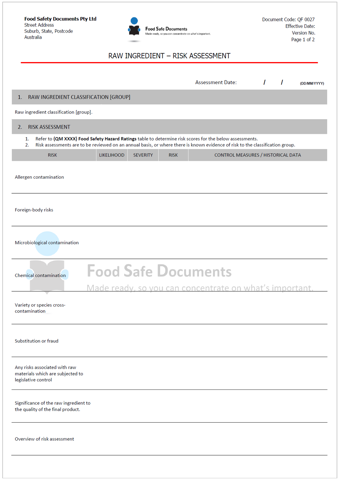 Raw Ingredient - Risk Assessment