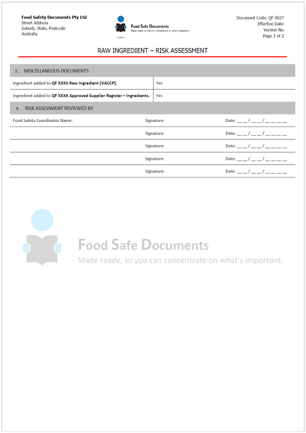 Ingredient Risk Management Raw Ingredient - Risk Assessment - Food Safe Documents